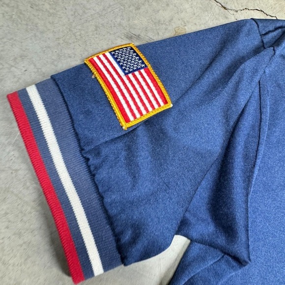 Vintage Majestic Polo Shirt Blank USA Flag Patch Mens Medium Blue Collared - Picture 2 of 8